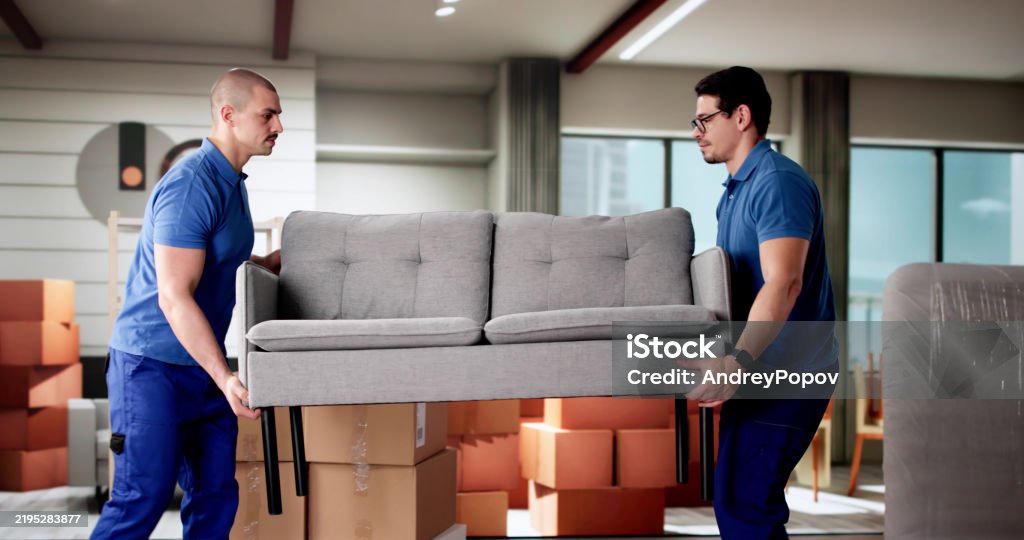 Skilled Mover Arranging Furniture, Working with Group, in Living Room